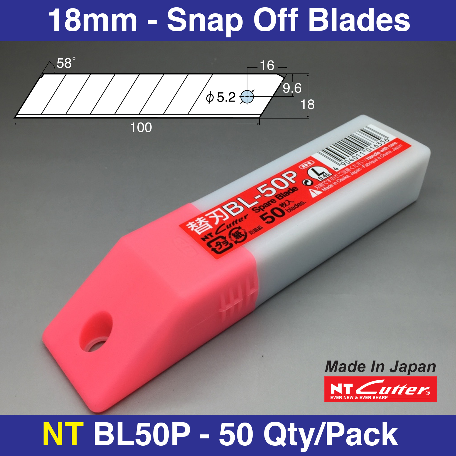 NT Cutter 18mm Heavy-Duty Snap-Off Blades, 50-Blade / Pack, 1 Pack