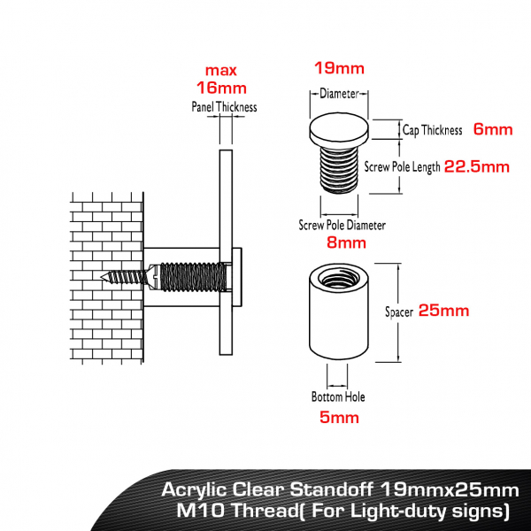 Acrylic Clear Standoff 19mmx25mm M10 Thread( For Lightduty signs) RT Media Solutions