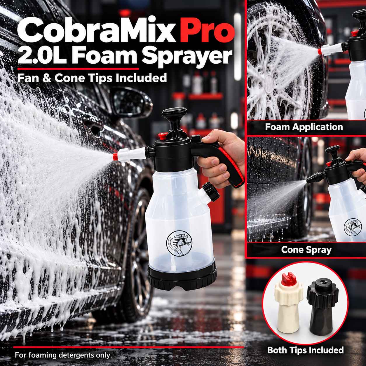 CobraMix Pro 2.0L Foam Sprayer | pH 6–12 Compatibility | Cone & Fan Tips Included | 1000–1800 ml/min Output, 0–40°C Operating Range - Image 2