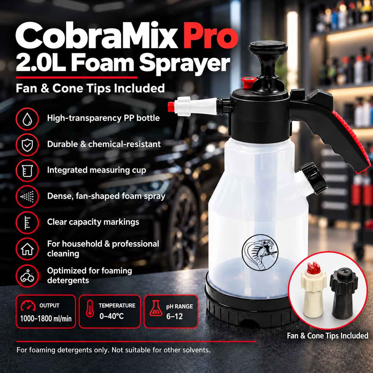 CobraMix Pro 2.0L Foam Sprayer | pH 6–12 Compatibility | Cone & Fan Tips Included | 1000–1800 ml/min Output, 0–40°C Operating Range