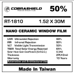Nano Ceramic Window Film | VLT 50% | 10 Years | 2PLY-2mil | 1.52 x30m | UVR 99% | IRR 90% | TSER 65% | SHGC 0.342