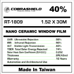 Nano Ceramic Window Film | VLT 40% | 10 Years | 2PLY-2mil | 1.52 x30m | UVR 99% | IRR 90% | TSER 74% | SHGC 0.252 | Solar Absorptance 37%