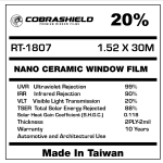 Nano Ceramic Window Film | VLT 20% | 10 Years | 2PLY-2mil | 1.52 x30m | UVR 99% | IRR 90% | TSER 88% | SHGC 0.118 | Solar Absorptance 58%