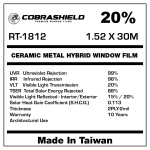 CERAMIC METAL HYBRID WINDOW FILM | VLT 20% | 10 Years | 2PLY-2mil | 1.52 x30m UVR 99 | IRR 96 |  | TSER 88% | SHGC 0.113