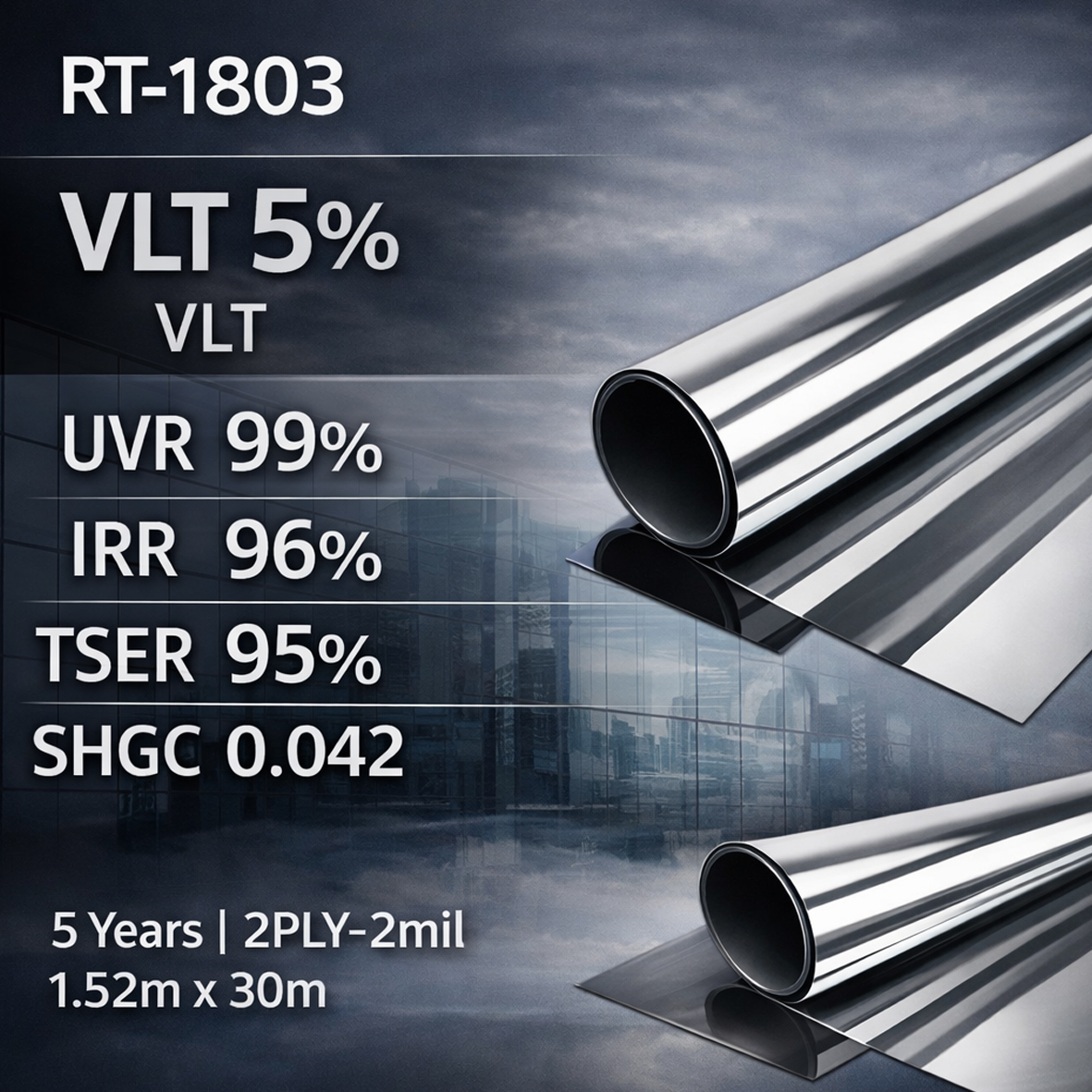 Silver Mirror Reflective Window Film Series (VLT 5% / 15% / 30%) - Image 4