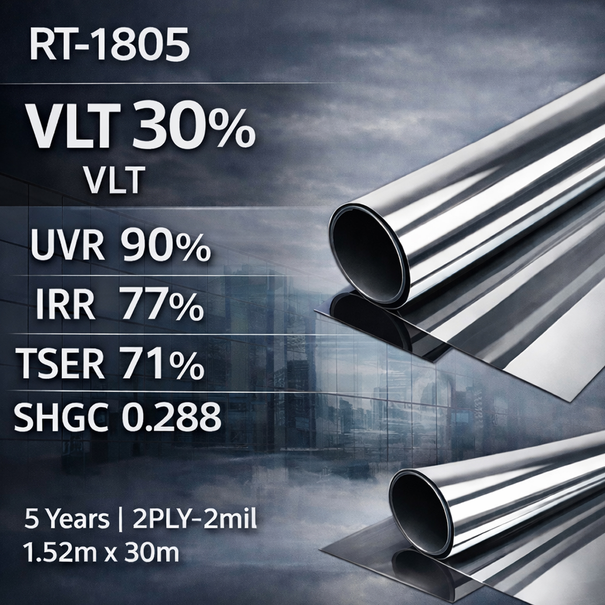 Silver Mirror Reflective Window Film Series (VLT 5% / 15% / 30%) - Image 2