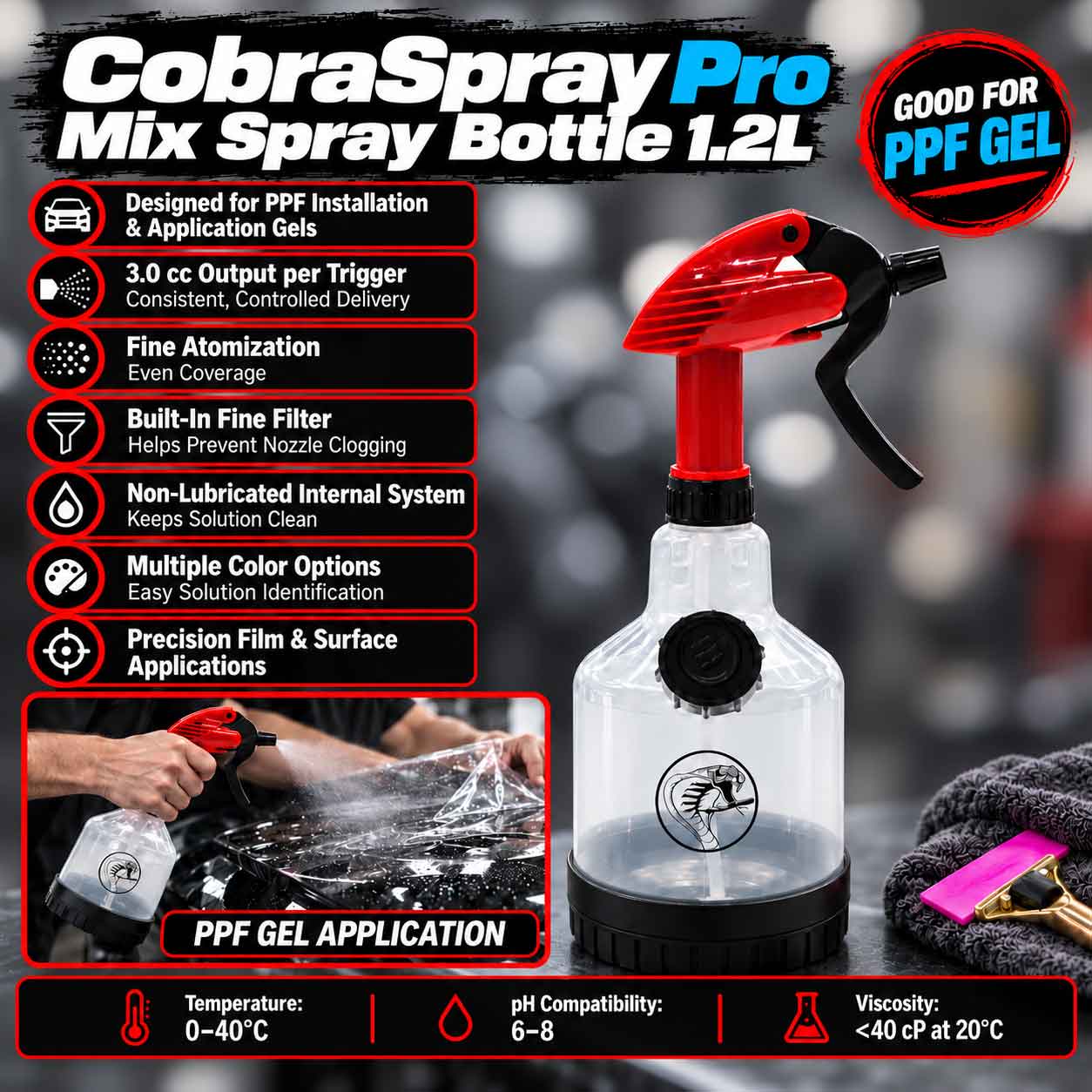 CobraSpray Pro Mix Spray Bottle for PPF Gel 1.2L | pH 6–8 Compatibility, <40cP Viscosity, 0–40°C Operating Range