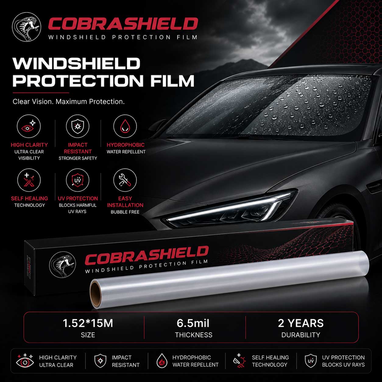 COBRASHEILD Windshield Protection Film | 1.52*15M | 6.5 mil | 2 years |Self Healing| Hydrophobic