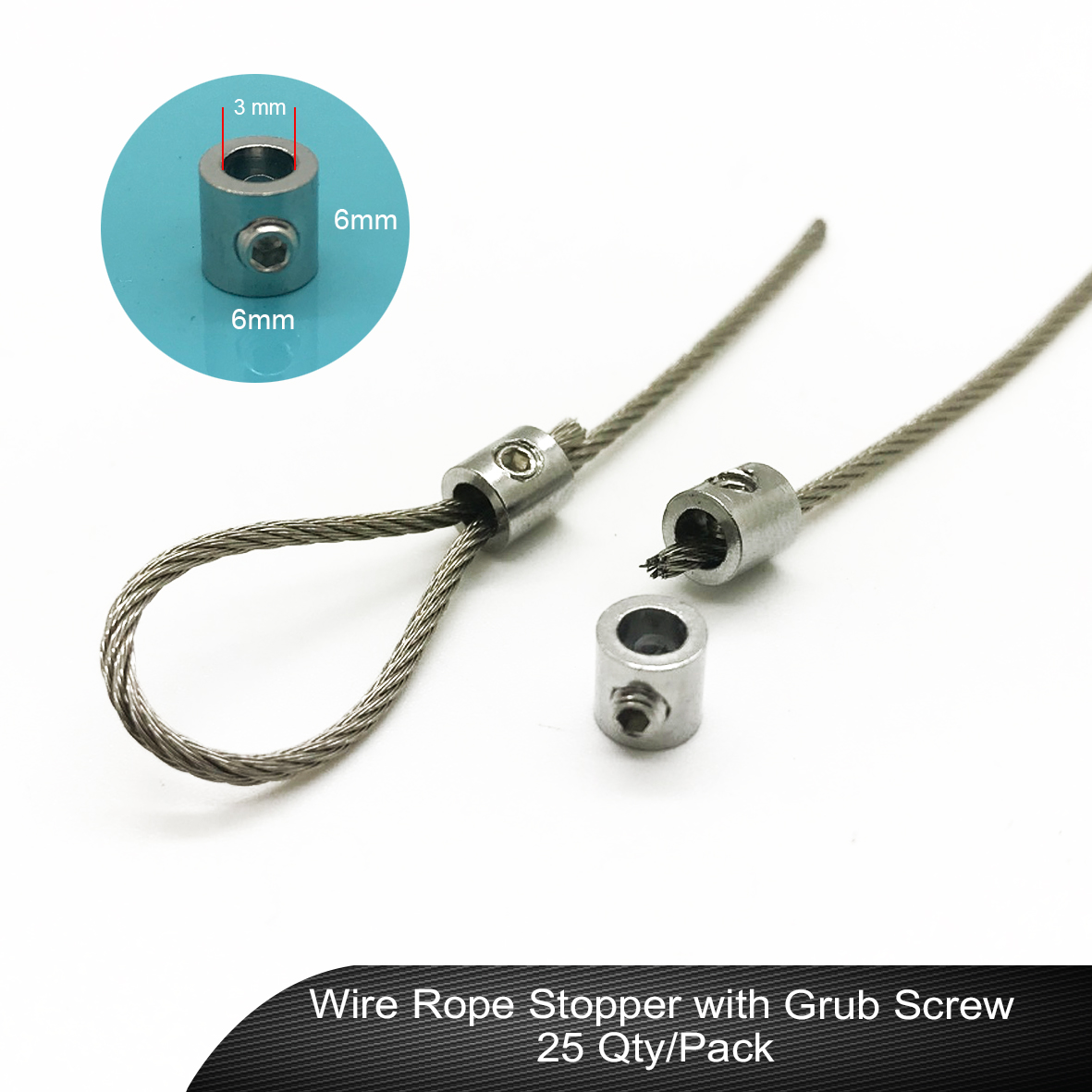 Wire Rope Stopper with Grub Screw 25 Qty/Pack RT Media Solutions