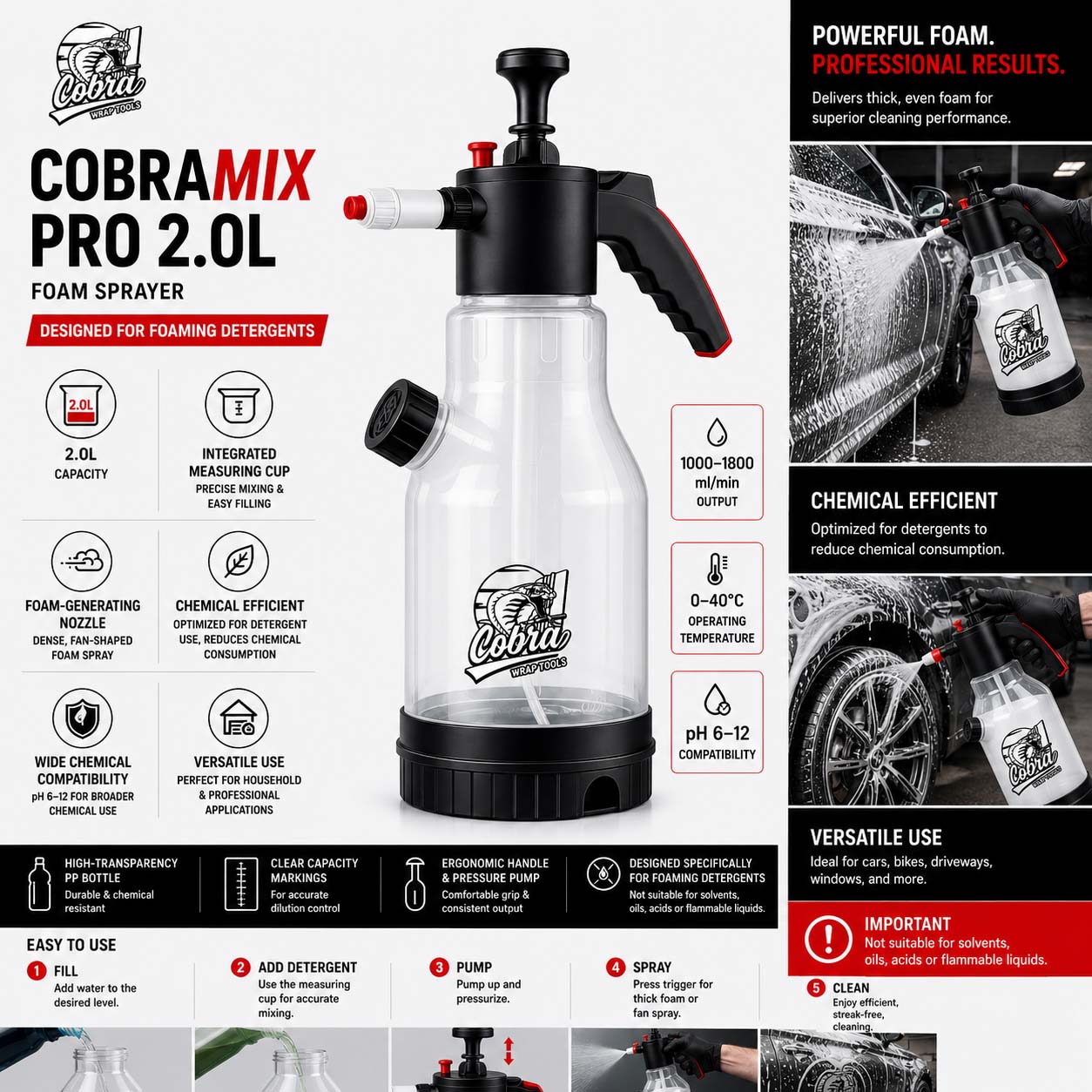 CobraMix Pro 2.0L Foam Sprayer | pH 6–12 Compatibility | Foam & Fan Tip Included | 1000–1800 ml/min Output, 0–40°C Operating Range