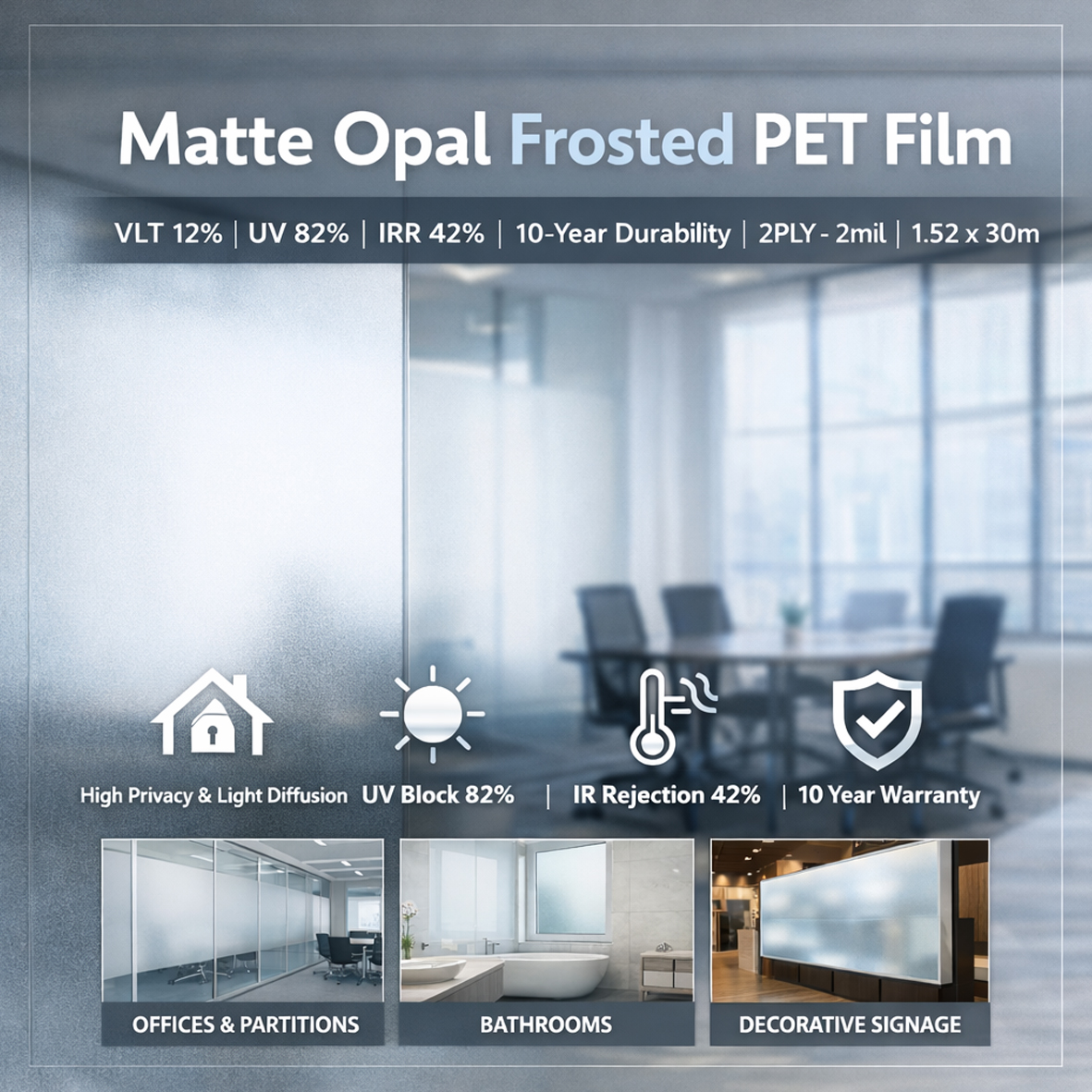 Matte Opal Frosted PET film | VLT 12% | 10 Years | 2PLY-2mil | 1.52x30m | UV82% | IRR 42% - Image 2