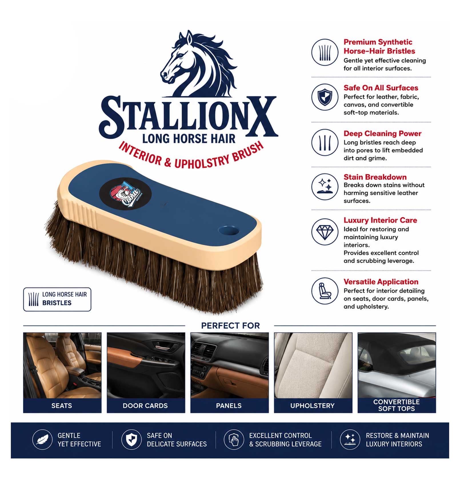 StallionX Premium Horsehair Interior & Upholstery Brush