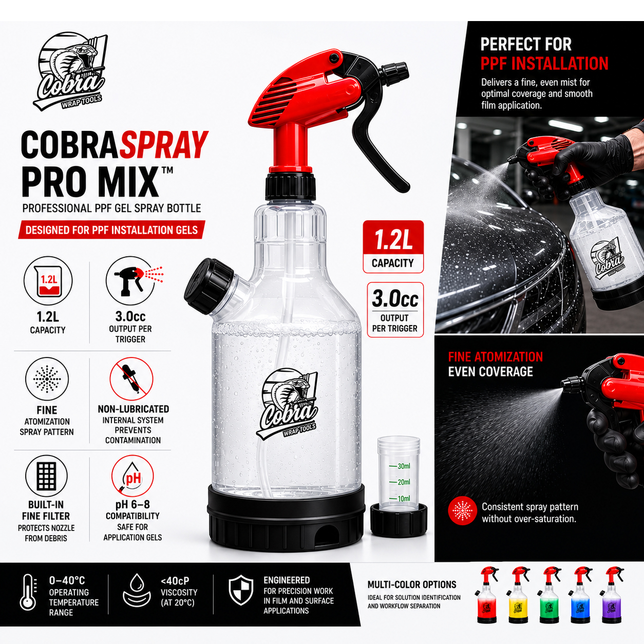 CobraSpray Pro Mix Spray Bottle for PPF Gel 1.2L | pH 6–8 Compatibility, <40cP Viscosity, 0–40°C Operating Range
