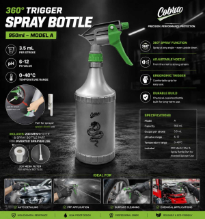 360° Trigger Spray Bottle 950ml – Model A | 3.5 mL per stroke | PH value: 6-12 | 0-40°C | INCLUDES : 200 Mesh Filter & Spray Bottle Part for Inverted Sprayer Use