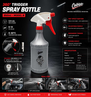 360° Trigger Spray Bottle 950ml – Model B | 3.5 mL per stroke | PH value: 6-12 | 0-40°C | INCLUDES : 200 Mesh Filter & Spray Bottle Part for Inverted Sprayer Use