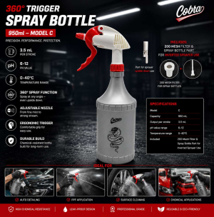 360° Trigger Spray Bottle 950ml – Model C | 3.5 mL per stroke | PH value: 6-12 | 0-40°C | INCLUDES : 200 Mesh Filter & Spray Bottle Part for Inverted Sprayer Use